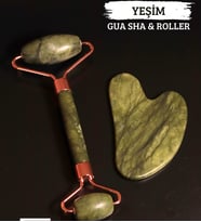 AA Kalite Sertifikalı Yeşim Gua Sha & Roller Doğal Taş Set Yüz Masaj Aleti (Orman Yeşili)