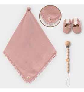 3 KAT MÜSLİN BATTANİYE EMZİK TUTACAĞI PATİKLİ KUTULU SET (Gül Pembe)