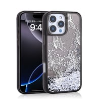 Apple iPhone 14 Pro Max Uyumlu Kılıf Sıvılı Simli Kelebek Baskılı Şeffaf Arka Yüzey Zore Glis Silikon Kapak (Siyah)