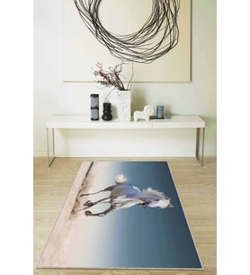 Mavi Beyaz At Desenli Kaymaz Tabanlı Dekoratif Halı RV319 - 100 x 160 cm