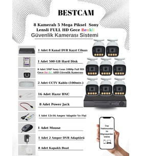 BESTCAM 8 Kameralı Set 5 Mega Piksel Sony Lensli FULL HD Gece Görüşü Renkli Güvenlik Kamera Seti 500 GB HDD