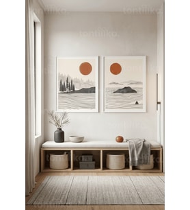 Doğa Manzaraları Minimalist 2'li Ahşap Çerçeveli Tablo Seti