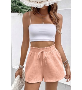 Ghassy Co. Kadın %100 Cotton Müslin Tatil Ev İçi/Dışı Kullanım Cepsiz Beli Bağcıklı Şort (Pembe)