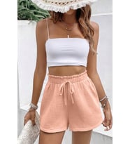 Ghassy Co. Kadın %100 Cotton Müslin Tatil Ev İçi/Dışı Kullanım Cepsiz Beli Bağcıklı Şort (Pembe)