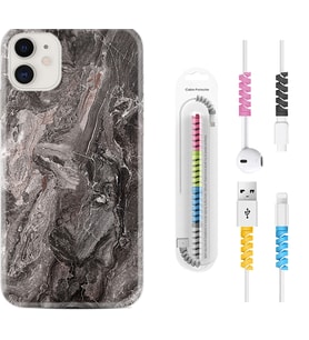 Apple iPhone 11 12 13 Mini Kılıf Kablo Koruma Spiral Silikon Gri Mermer 1376