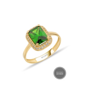 MYOROGOLD, 14 Ayar Altın Yeşil Taşlı Baget Yüzük