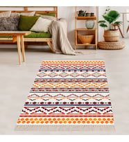 Kilim Desenli Dijital Baskı Yıkanabilir Kaymaz Taban Etnik Desen Salon Halısı (Pembe-Lila)