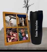 Kişiye Özel Premium  Termos Bardak Ve Fotoğraflı Dört Resimli Siyah Kolaj Masaüstü Fotoğraf Ahşap Çerçeve
