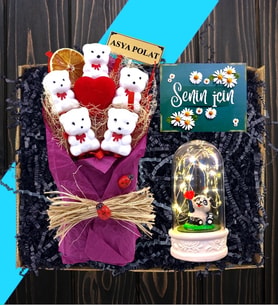 Size Özel Tasarım İsimli Ayıcıklar Buketi & Led Işıklı Pandalı Fanus  FUŞYA