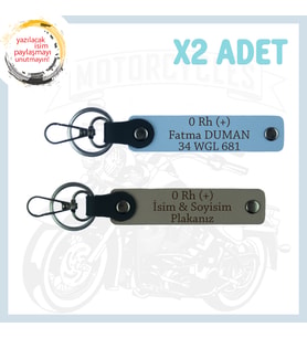 Kül Gri-Gök Mavi, Motosiklet Aşıklarına, İsim Plaka ve 0 Rh (+) Kan Grubu Yazılı 2'li Anahtarlık Set