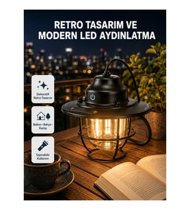 Mey İthalat® Retro Kamp Lambası Su Geçirmez Taşınabilir Gece Işığı Uzun Pil Ömürlü