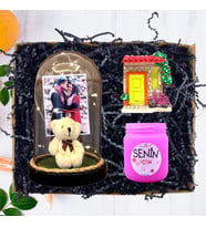Kişiye Özel Fotoğraflı Peluş Ayıcıklı Fanus (Işıklı), Kokulu Pembe Mum ve Magnet 
