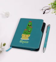 BK Gift Kişiye Özel Kaktüs Tasarımlı Turkuaz Termo Deri Defter Kalem Seti-9
