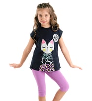 Orman Kedisi Kız Çocuk T-shirt Lila Tayt Takım