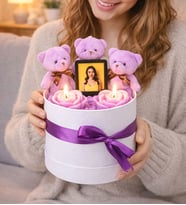 Kişiye Özel Fotoğraflı,Mor Mum Ve Peluş Ayıcık Buketi
