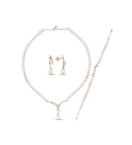 Yaprak Taşlı Doğal İncili Küpe Kolye Bileklik Üçlü Set (Rose)