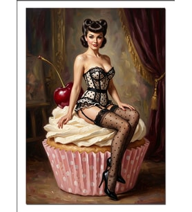 Cupcake Üzerinde Oturan Pinup Kadın Dekoratif Kanvas - Mdf Ahşap Tablo