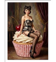 Cupcake Üzerinde Oturan Pinup Kadın Dekoratif Kanvas - Mdf Ahşap Tablo