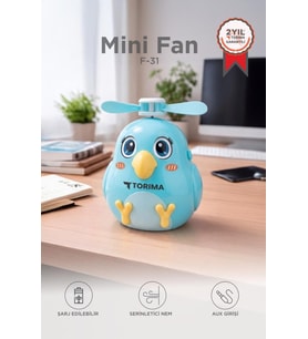 Torima Şarjlı El Vantilatörü Sevimli Kuş Figürlü Mini Taşınabilir Fan F31 Mavi
