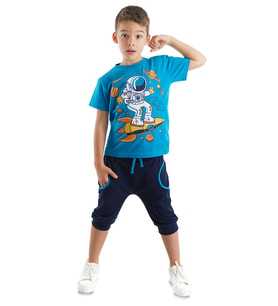 Astronot Erkek Çocuk T-shirt Kapri Şort Takım (Mavi)