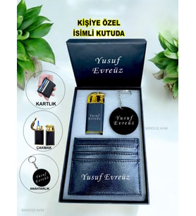 Kişiye Özel İsimli Çift Ateşli Lüks Çakmak & Kartlık & Anahtarlık 3 Lü Hediye Set Özel İsimli Kutulu