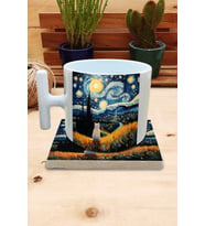 Kediler ve Sanat/Van Gogh Yıldızlı Gece The Starry Night Set 9 - T Kulplu Fincan Kupa-Taş Bardak Altlığı 2