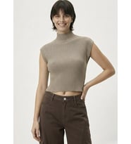 Kadın Yarım Balıkçı Yaka Fitilli Triko Kolsuz Crop Bluz