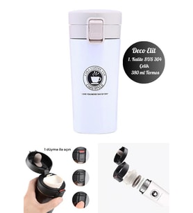 Beyaz Mug Termos 12 Saate Kadar Sıcak Soğuk Tutma Filtreli Çift Katmanlı SUS 304 380ml (Gümüş)
