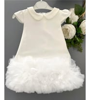 Bebe Yaka Tül Detaylı Kız Çocuk Elbisesi (Ekru)