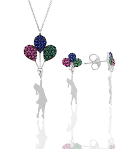 Söğütlü Silver Gümüş rodyumlu balonlu kız kolye ve küpe seti