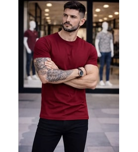 Erkek T-Shirt Bisiklet Yaka Slim Fit Dar Kesim Likralı Tişört Günlük Basic Body - Bordo