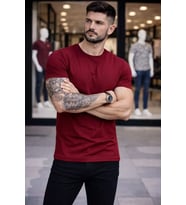 Erkek T-Shirt Bisiklet Yaka Slim Fit Dar Kesim Likralı Tişört Günlük Basic Body - Bordo