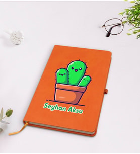 BK Gift Kişiye Özel Kaktüs Tasarımlı Turuncu Termo Deri Defter Model 3