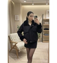 Kadın Ceket Relax Fit Kürklü Kol ve Yaka Detaylı Günlük Kadın Ceket