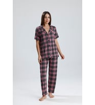 Kadın Önden Düğmeli Pijama Takım Ekose Pembe