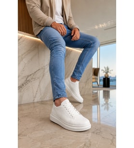 Tsoob Bağcıklı Cilt Erkek Günlük Rahat Taban Sneaker Ayakkabı - Beyaz