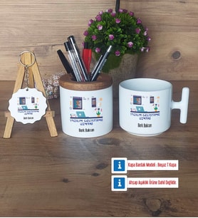 Yazılım Geliştirme Uzmanı Hediye Sepeti Kalemlik, Kupa Bardak Sihirli, Ahşap Anahtarlık Hediye (Model 3)