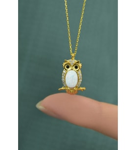 925 Ayar Gümüş Gold Kaplama Beyaz Opal Taşlı Baykuş Kolye