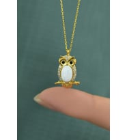 925 Ayar Gümüş Gold Kaplama Beyaz Opal Taşlı Baykuş Kolye