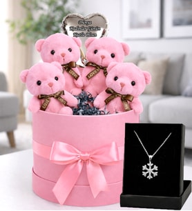 Ayıcık Buketi 4’lü Pembe Love Ayıcık Hediye Kutusu, Dünya Kadınlar Günü Kutlu Olsun Balon & Kar Tanesi Kolye Seti