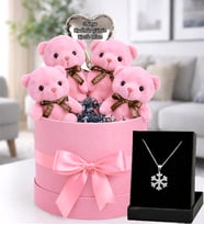 Ayıcık Buketi 4’lü Pembe Love Ayıcık Hediye Kutusu, Dünya Kadınlar Günü Kutlu Olsun Balon & Kar Tanesi Kolye Seti