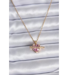316L Çelik Gold Renk Zincir Pembe Kristal Kalp Model Zirkon Taş Detay Kadın Kolye - TJ-BKO7747