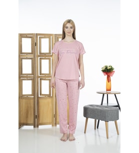 Estiva 24109 Kadın Kalp Desenli Kısa Kollu Yazlık Viskon Pijama Takımı (Pembe)