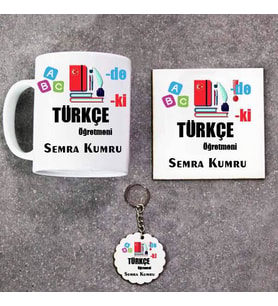 Türkçe Öğretmeni Kupa Bardak Altlık ve Anahtarlık Hediye Seti (Model 1)