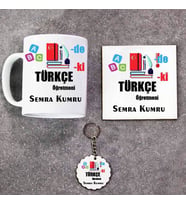 Türkçe Öğretmeni Kupa Bardak Altlık ve Anahtarlık Hediye Seti (Model 1)