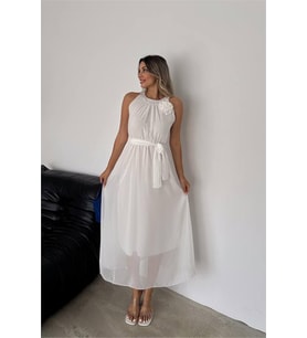 Neşeli butik kadın gül broş detaylı uzun şifon elbise NBK2144 (Beyaz)