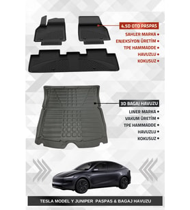 Sahler Tesla Model Y Juniper 2025+ Uyumlu 4.5D Premium Havuzlu Oto Paspas ve Liner Marka 3D Bagaj Havuzu