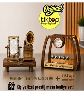 Kişiye Özel Ahşap Masa üstü Newton Denge Topu + Gramofon Tasarımlı Kum Saati 2' li Hediye Seti
