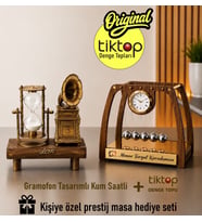 Kişiye Özel Ahşap Masa üstü Newton Denge Topu + Gramofon Tasarımlı Kum Saati 2' li Hediye Seti