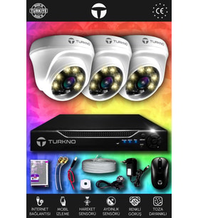 TURKNO 3 Kameralı Domie 3 İç Kamera Set 320 GB HDD Full HD Renkli Gece Görüşlü Güvenlik Kamerası Sistemi
